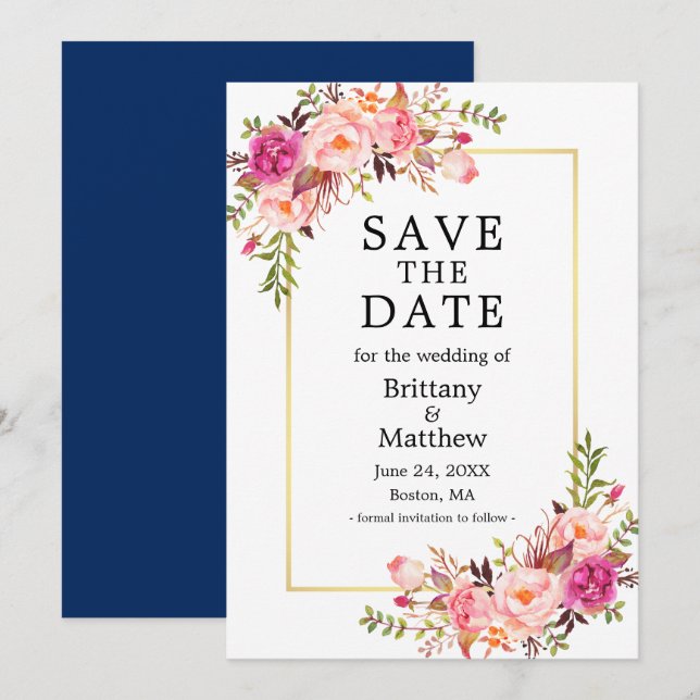 Save The Date Aquarelle rose Roses Or Bleu Enregistrer La Date (Devant / Derrière)