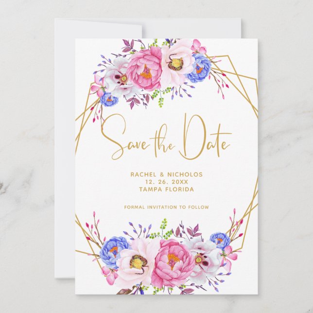 Save The Date Aquarelle rose violet Mariage de cadre Floral (Devant)