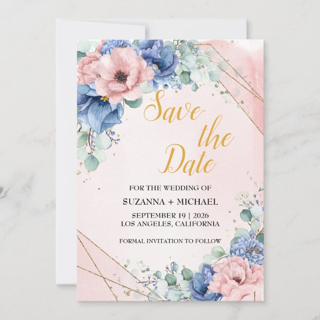 Save The Date Aquarelle Roses bleu et Mariage vert (Devant)