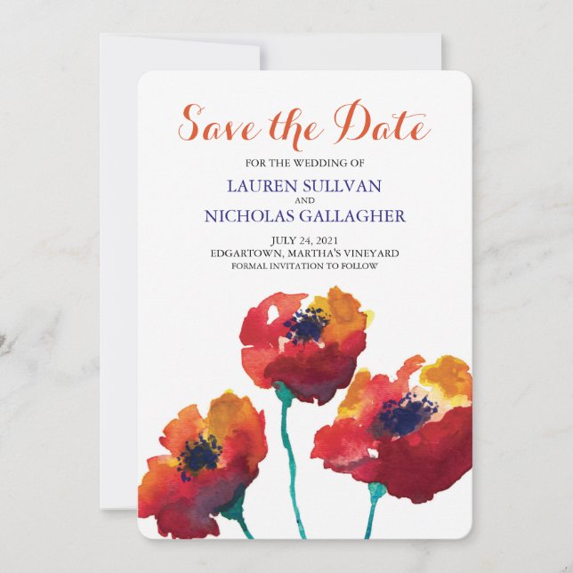 Save The Date Aquarelle Rouge Fleurs de pavot Enregistrer la dat (Devant)