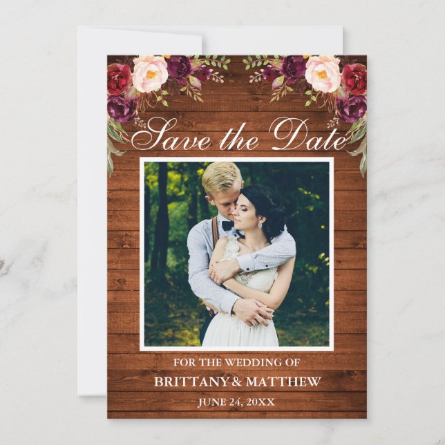 Save The Date Aquarelle rustique en bois Bourgogne Photo florale (Devant)