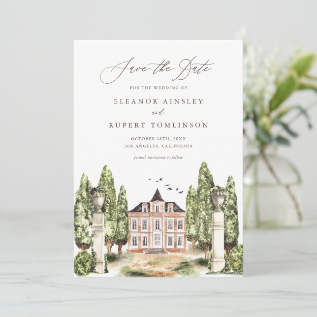 Save The Date Aquarelle rustique Manoir anglais (Debout devant)