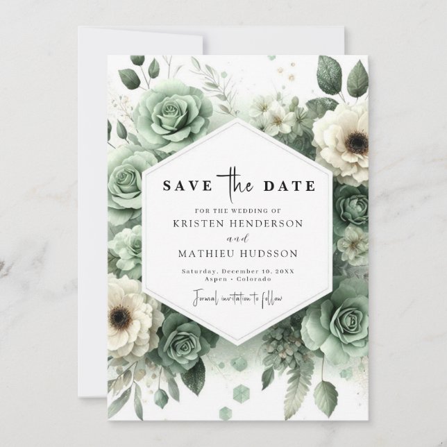 Save The Date Aquarelle Rustique minimaliste Mariage vert Sage (Devant)