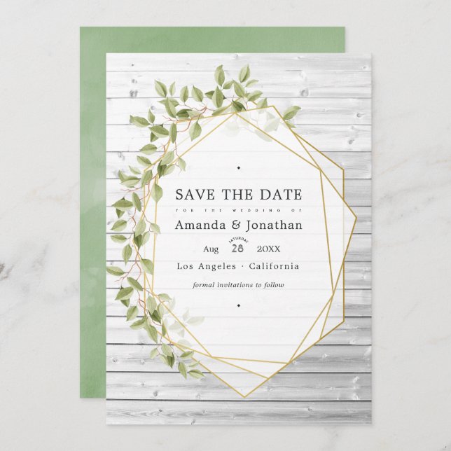 Save The Date Aquarelle rustique Vert Mariage géométrique (Devant / Derrière)