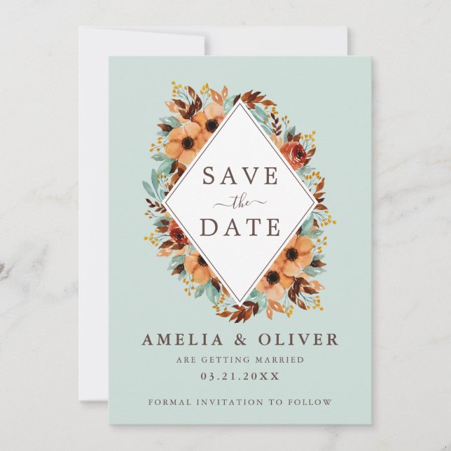 Save The Date Aquarelle Rustique verte de la menthe Floral (Devant)