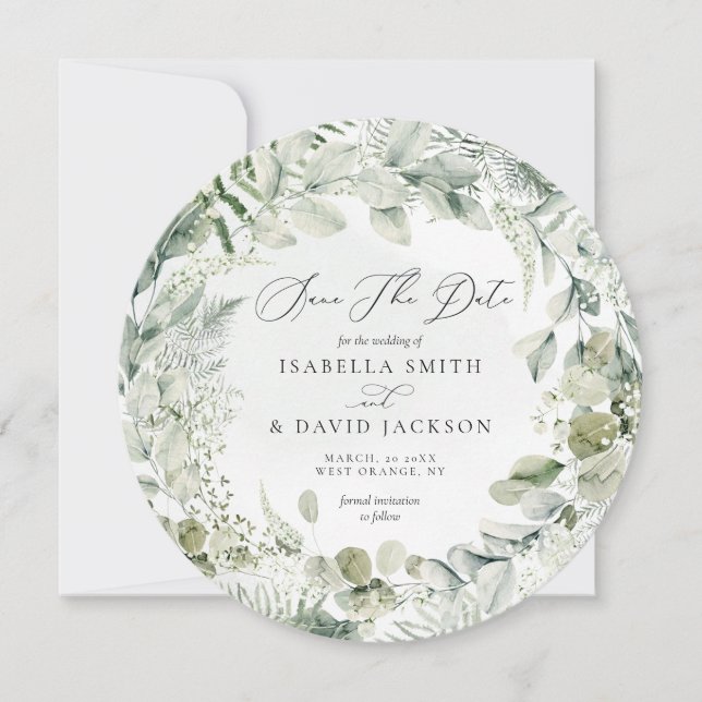 Save The Date Aquarelle Sage Vert Folithe Cercle Eucalyptus (Devant)