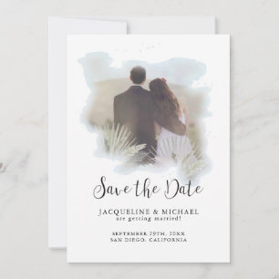 Save The Date Aquarelle simple Script moderne Palm Photo Bleu