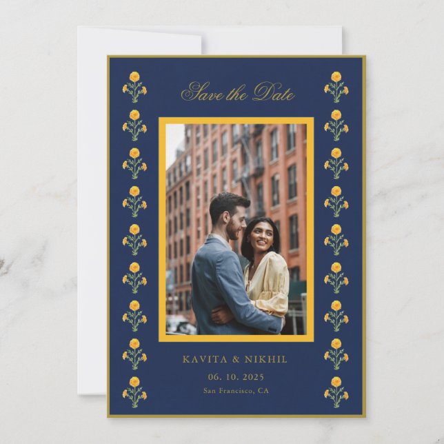 Save The Date Aquarelle Souci Sur Photo Navy Enregistrer la Date (Devant)