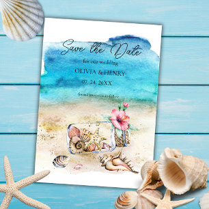 Save The Date Aquarelle Starfish & Seashells Beach Wedding