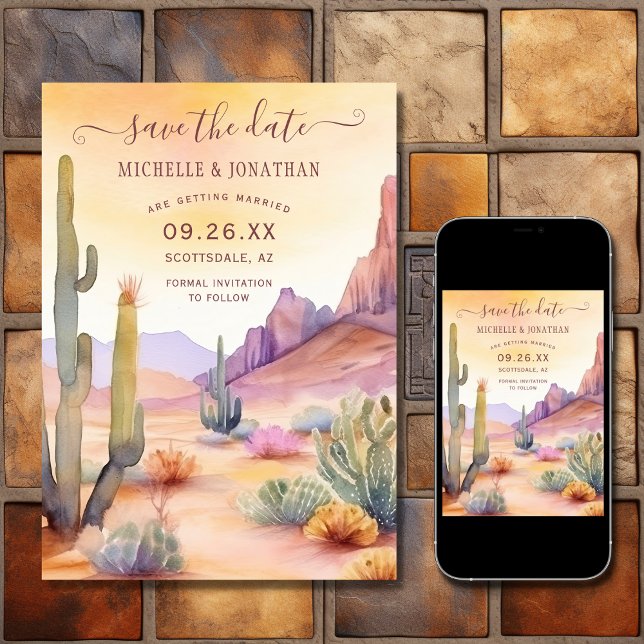 Save The Date Aquarelle sud-ouest du désert et Mariage de Cactus (Printed and Digital - Watercolor Southwestern Desert and Cactus Wedding Save The Date)