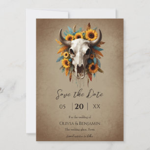 Save The Date Aquarelle Tournesol plumes Vache Mariage crâne