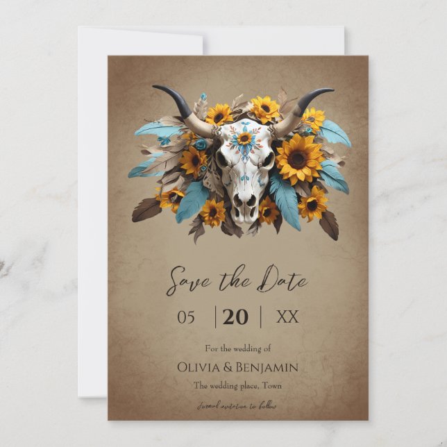 Save The Date Aquarelle Tournesol plumes Vache Mariage crâne (Devant)