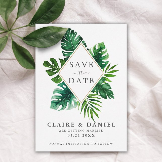 Save The Date Aquarelle tropicale moderne Feuille vert (Créateur téléchargé)