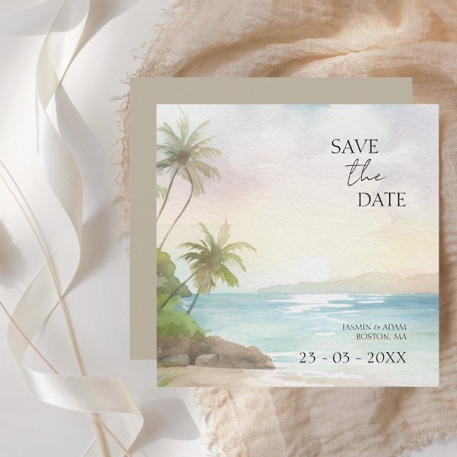 Save The Date Aquarelle tropicale Plage Palm Trees Mariage (Créateur téléchargé)
