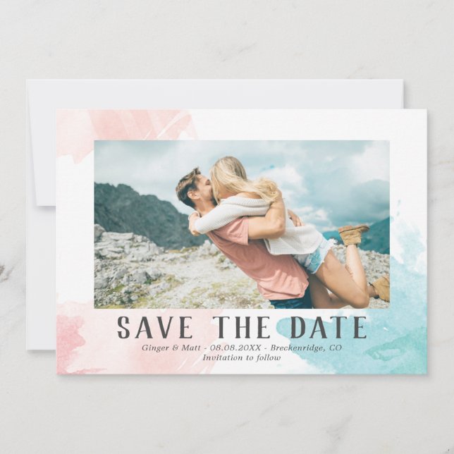 Save The Date Aquarelle Turquoise & Blush - Photo Enregistrer la (Devant)