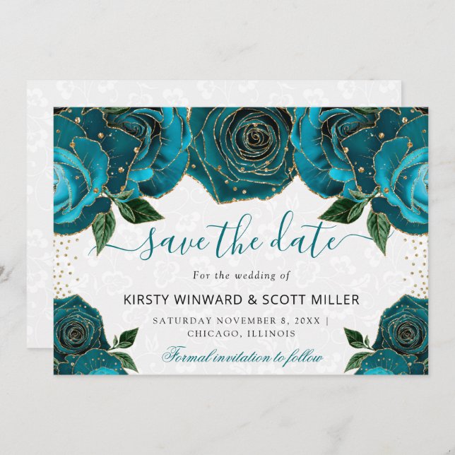 Save The Date Aquarelle Turquoise et Mariage de fleurs d'or (Devant / Derrière)