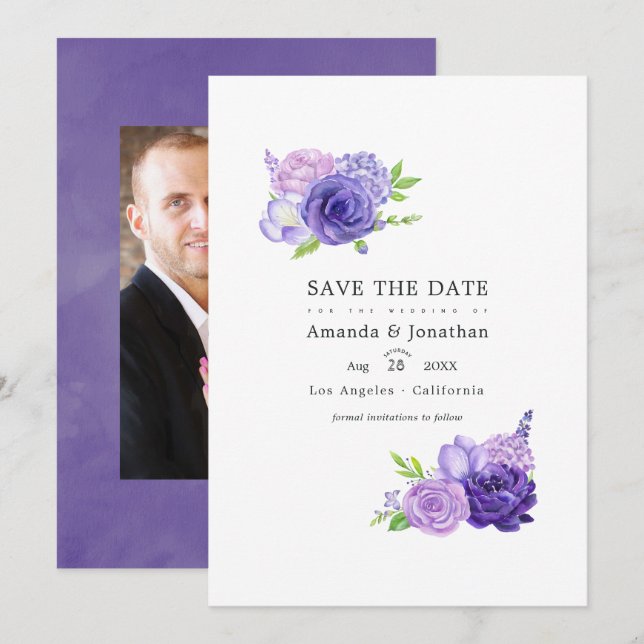 Save The Date Aquarelle ultra violette Mariage (Devant / Derrière)