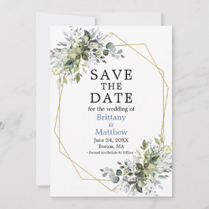 Save The Date Aquarelle Verdure Dusty bleu cadre géométrique