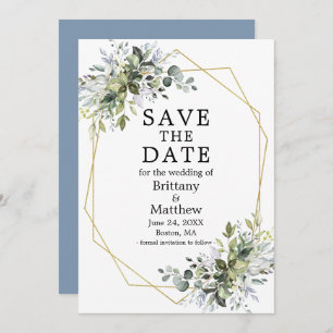 Save The Date Aquarelle Verdure Dusty Blue Gold Geo Frame