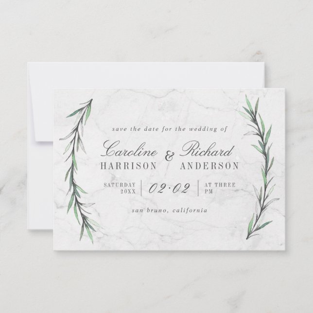 Save The Date Aquarelle Verdure & Marbre blanc Enregistrer La Da (Devant)