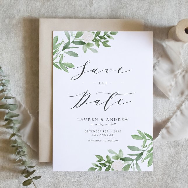 Save The Date Aquarelle Vert et Fleurs blanches Code QR (Watercolor Greenery and White Flowers QR Code Save The Date Announcement)