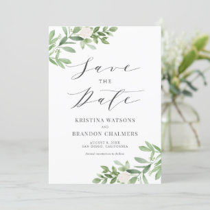 Save The Date Aquarelle Vert et Fleurs blanches Gris
