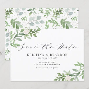 Save The Date Aquarelle Vert et Fleurs blanches Mariage Gris