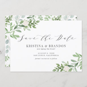 Save The Date Aquarelle Vert et Fleurs blanches Mariage Gris