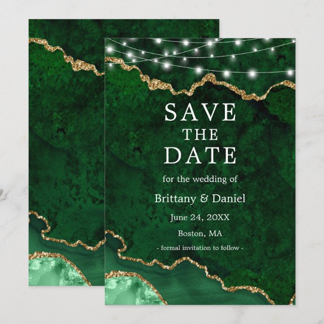 Save The Date Aquarelle Vert Marbre Or Agate Géode Lumières (Devant / Derrière)