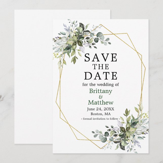 Save The Date Aquarelle Vert Or Cadre Geo Blanc Vert Vert (Devant / Derrière)