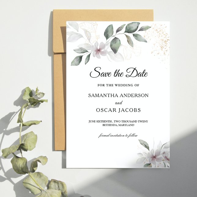 Save The Date Aquarelle verte douce Feuille et fleur | Or (Créateur téléchargé)