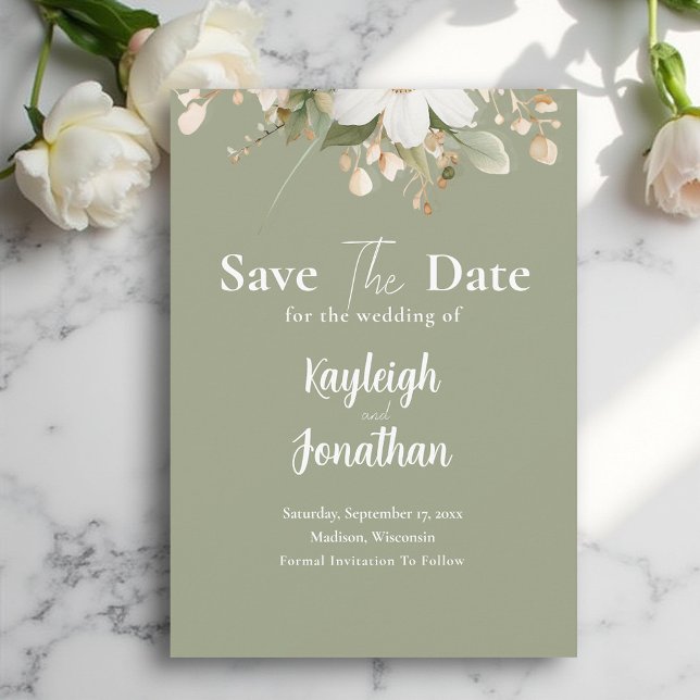 Save The Date Aquarelle verte moderne Sage Mariage Floral (Créateur téléchargé)