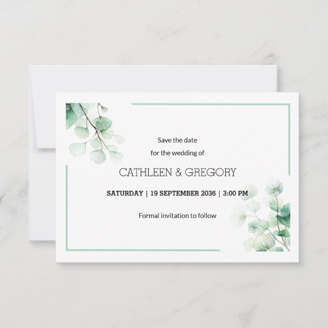 Save The Date Aquarelle verte naturelle Eucalyptus Feuille Maria (Devant)