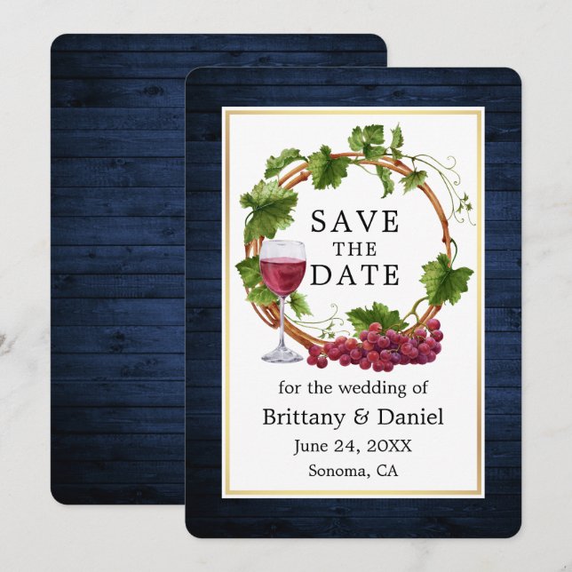 Save The Date Aquarelle Vignes Vignes Wreath Blue Wood (Devant / Derrière)