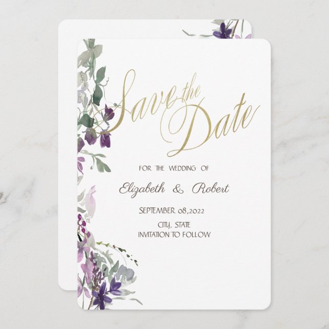Save The Date Aquarelle Violet Fleur sauvage Enregistrer la date (Devant / Derrière)