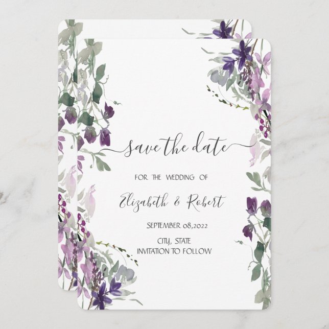 Save The Date Aquarelle Violet Fleur sauvage Enregistrer la date (Devant / Derrière)