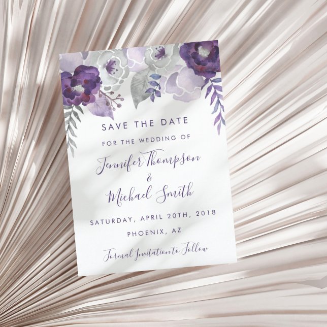 Save The Date Aquarelle violette et argent Floral Enregistrer la (Purple and Silver Watercolor Floral Save the Date)