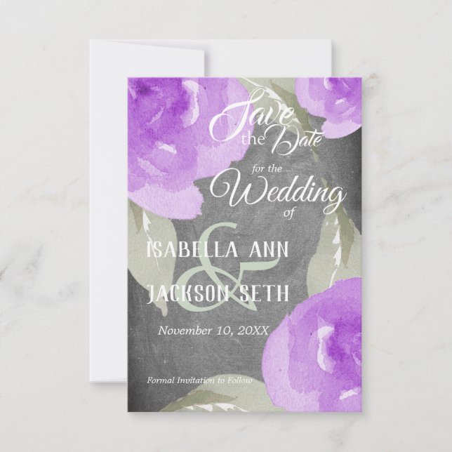 Save The Date Aquarelle violette Floral et tableau noir (Devant)