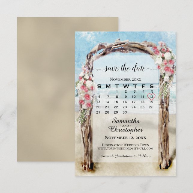 Save The Date Arbor de plage en bois flotté floral rouge Calendr (Devant / Derrière)