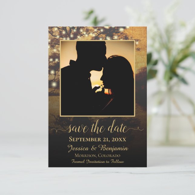 Save The Date Arbre d'automne rustique avec lumières Mariage pho (Debout devant)