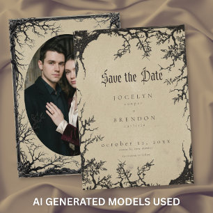 Save The Date Arbre de corbeau gothique Photo de mariage noir et