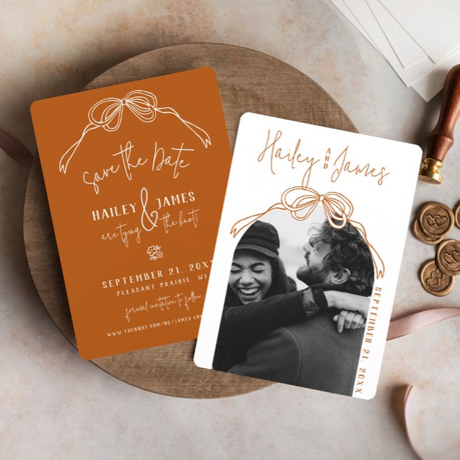 Save The Date Arc à main de boho moderne TERRACOTTA mariage (Rustic boho terracotta burnt orange hand drawn bow modern arch photo classy wedding save the date)