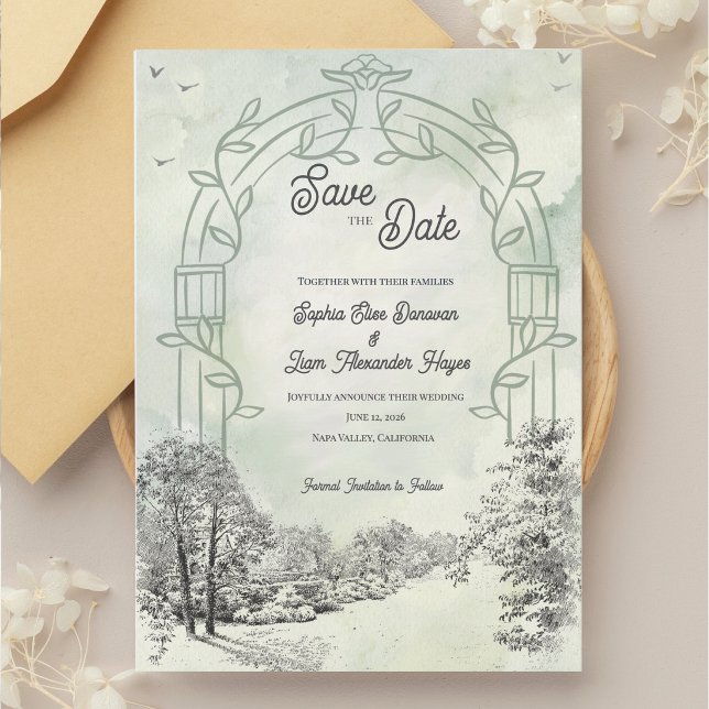 Save The Date Arc de jardin vert sauge pour mariage (Sage Green Save the Date Wedding Card | Garden Arch Wedding Save the Date )