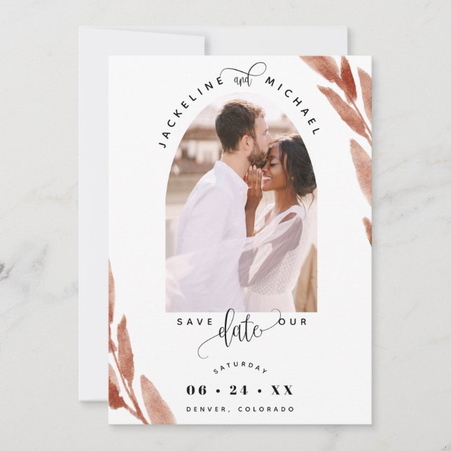 Save The Date Arc de mariage élégant avec photos et feuilles de  (Devant)