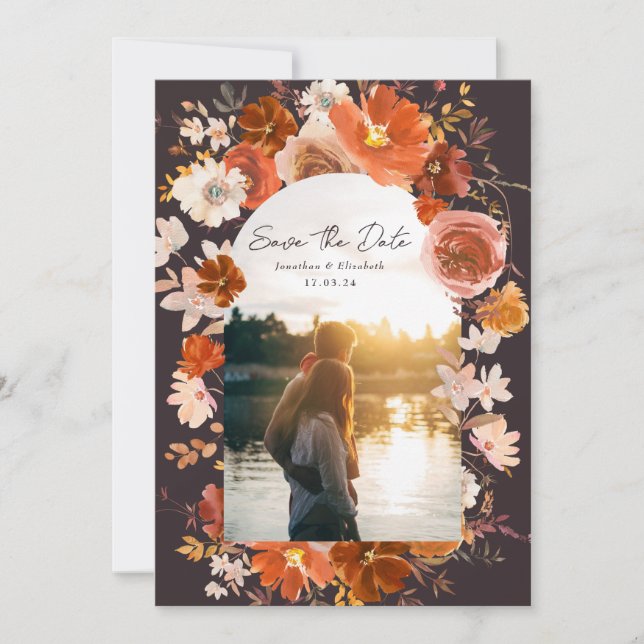 Save The Date Arc de mariage floral orange brûlé de minuit Photo (Devant)