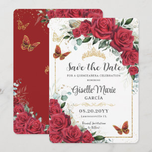 Save The Date Arc de Papillons Quinceañera en or rouge Roses Flo