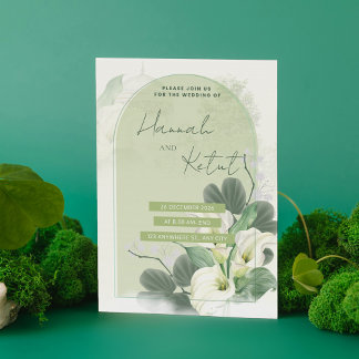 Save The Date Arc Élégant Vert Sage & Fleur Aquarelle Blanche