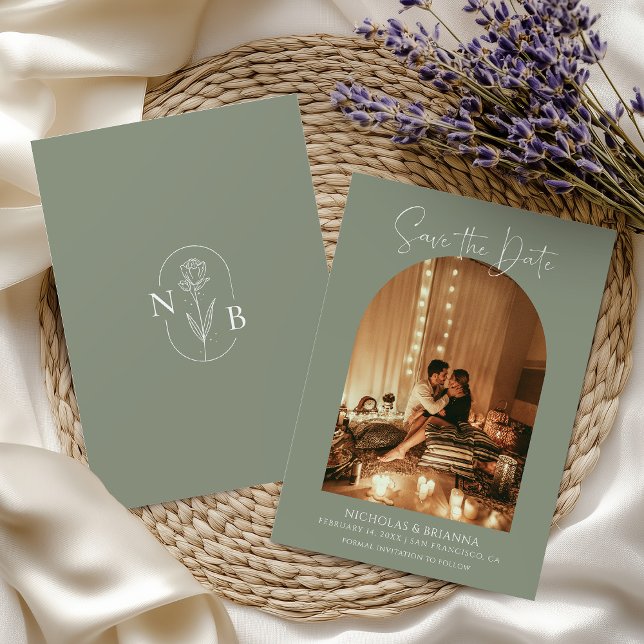 Save The Date Arc moderne Boho Photo Sage Vert Mariage Monogramm (Créateur téléchargé)