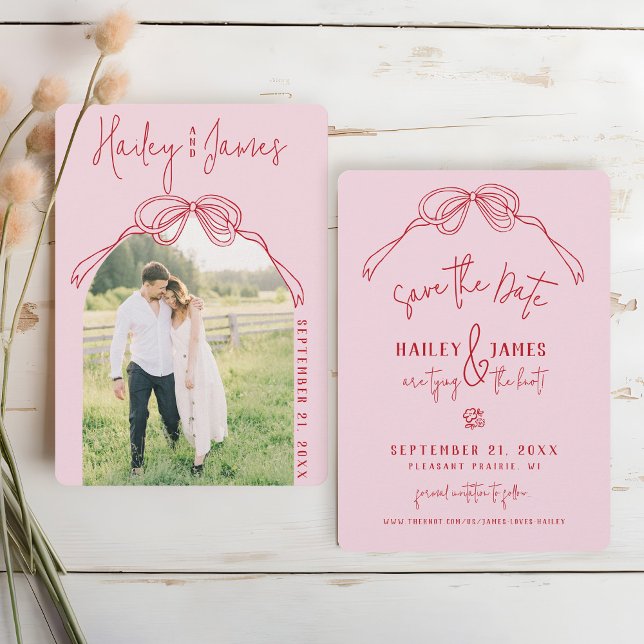 Save The Date Arc rose dessiné à la main moderne et original pou (Modern elegant hand drawn written coquette pink & red bow script typography quirky retro Wedding)