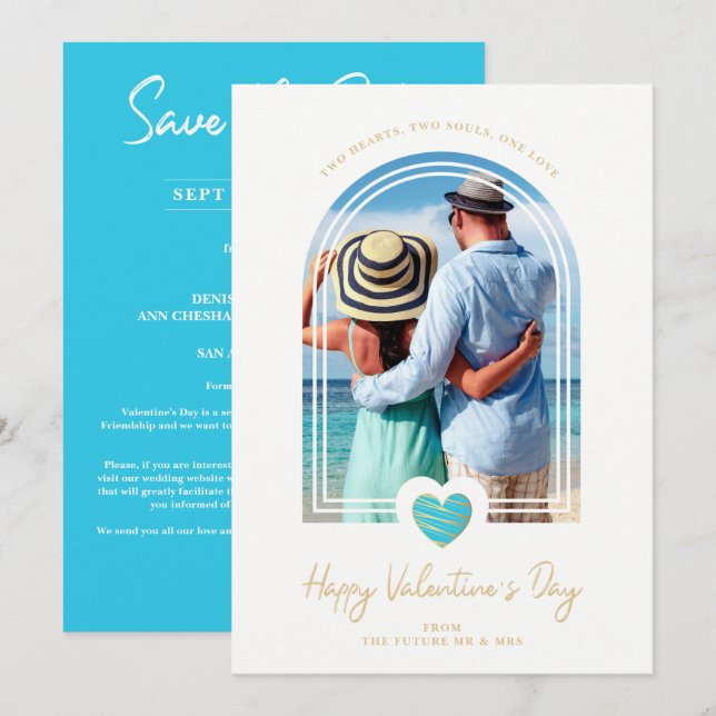 Save The Date Arch Effect Blue Heart Happy Valentine's Day (Devant / Derrière)